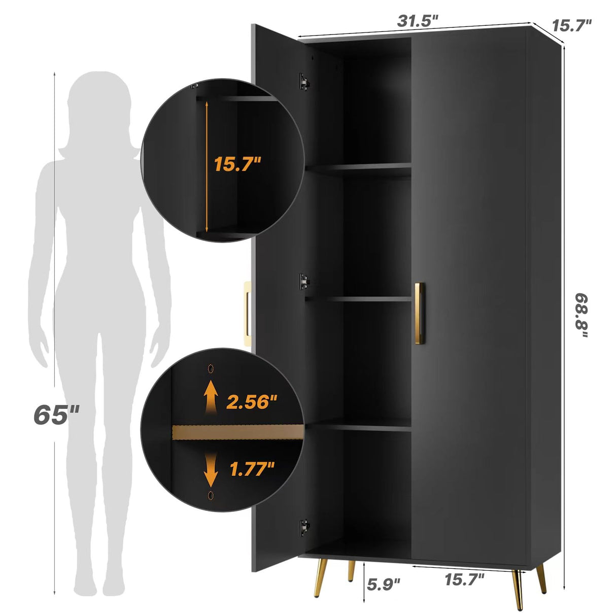 LYNSOM Tall Storage Cabinet, Freestanding Kitchen Pantry Cabinet with Adjustable Shelf and Doors, Floor Storage Accent for Kitchen, Dining Room (Black) LYNSOM