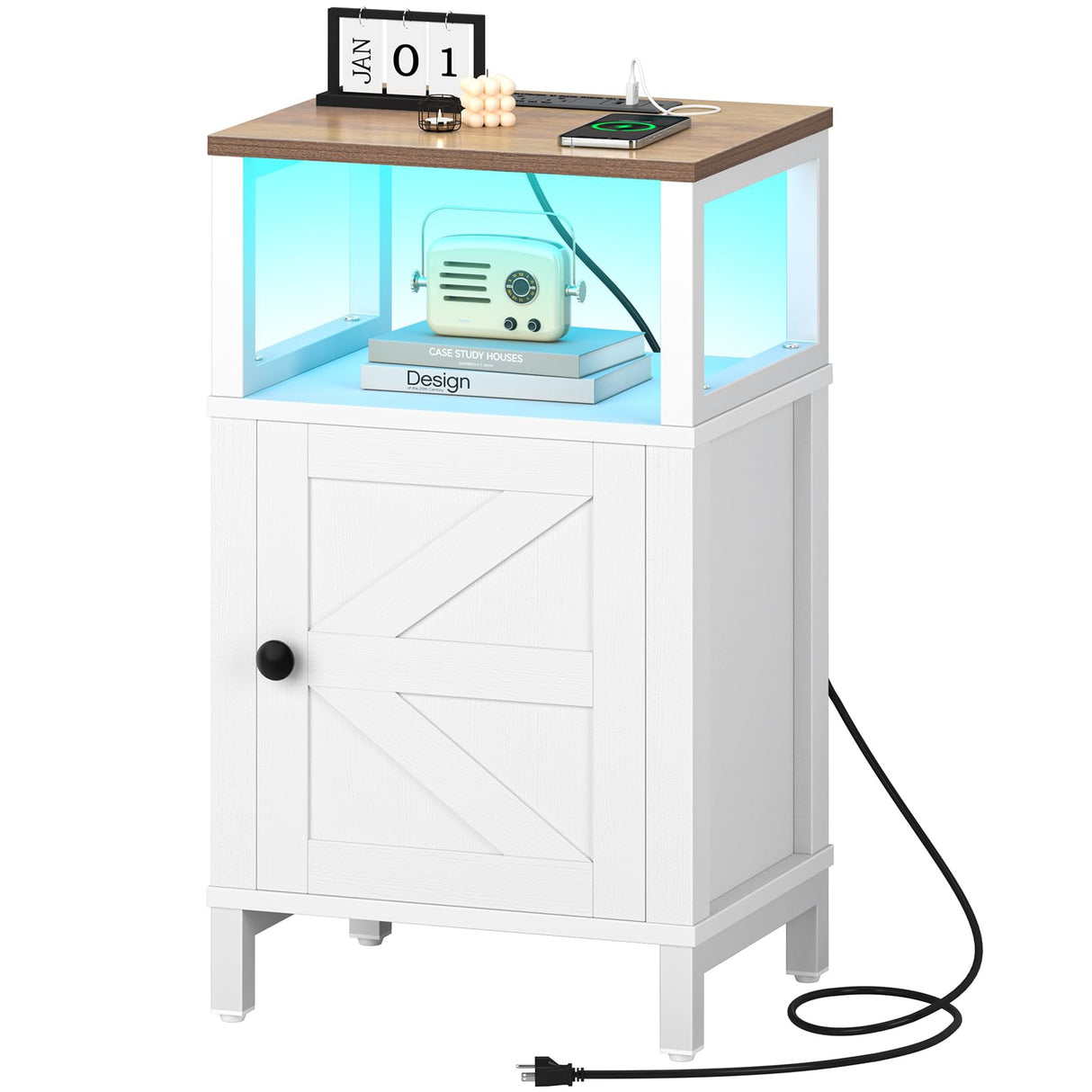 Yoobure Farmhouse Nightstand with Charging Station, Wood Night Stand End Table with USB Ports, LED Bed Side Table with Storage Cabinet, Bedside Table for Bedroom, Living Room White Yoobure