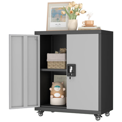 GREATMEET Metal Storage Cabinet with Locking Doors,Steel Storage Cabinet with Wheels Suit for Home Office with 1 Adjustable Shelf for Files, Black&Grey