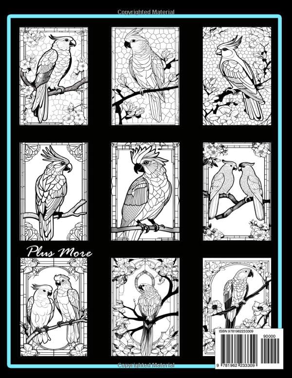 Stained Glass Parrots & Cockatoos Coloring Book: With Beautiful Frames, Flowers, & Delicate Settings (Stained Glass Coloring Books) WoodArtSupply