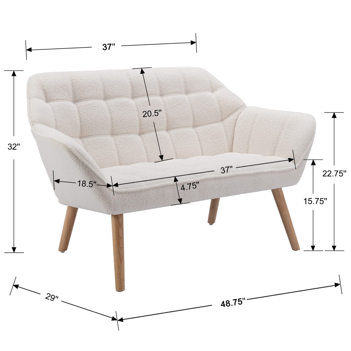 ZH4YOU 48" Small Loveseat for Small Spaces, Upholstered Fluffy White Loveseat Sofa, Mid Century Modern 2-Seater Couch with Armrest and Wood Legs for Bedroom, Living Room, Apartment, White ZH4YOU