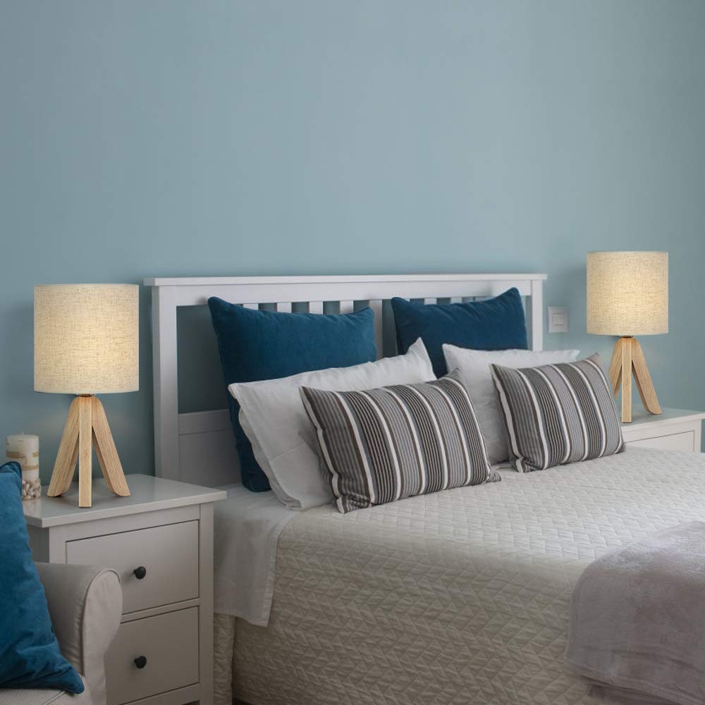 HAITRAL Small Table Lamps - Wooden Tripod Nightstand Lamps Set of 2 for Bedroom, Living Room, Office, Home with Fabric Linen Shade HAITRAL