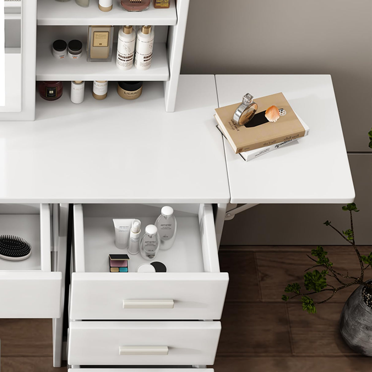 Leavader White Vanity Desk Set - 43.3" Large Vanity Table with Sliding Lighted Mirror in 3 Colors & 5 Drawers & Retractable Rack, Dressing Table Makeup Desk with Stool Set Leavader