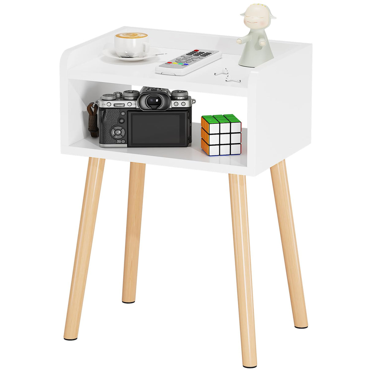 LUCKNOCK Night Stand, Modern Bedside Tables, Mid Century Nightstands with Open Storage Shelf, Wood Bedside Table, Small Night Stands for Bedroom, High Night Table, White. LUCKNOCK