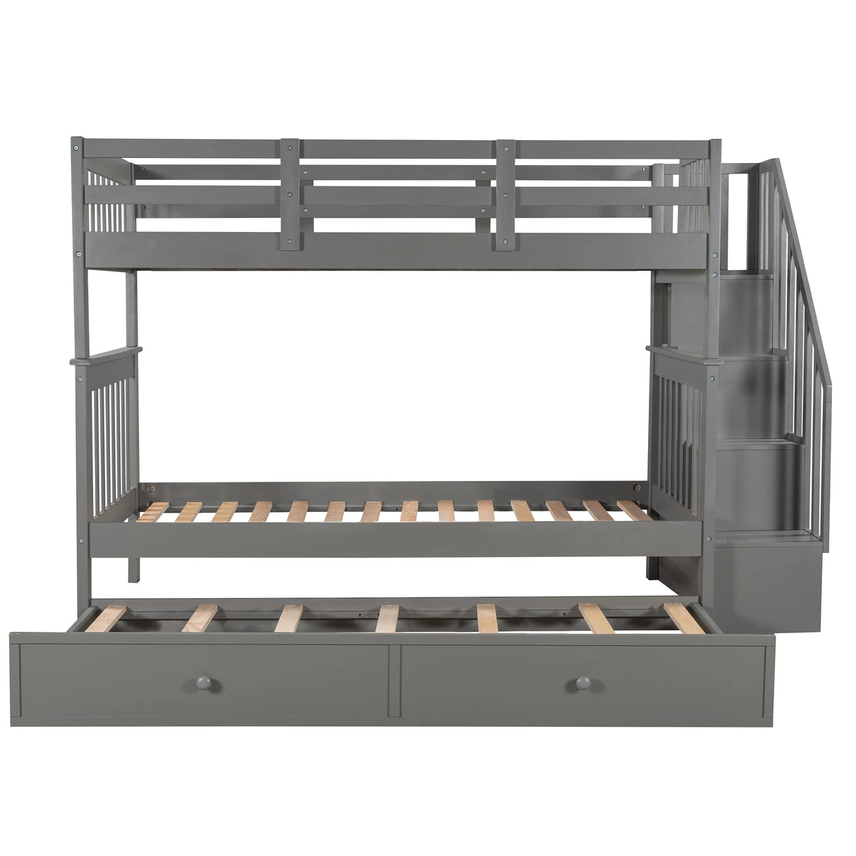Harper & Bright Designs Twin Over Twin Bunk Bed with Trundle Bed and Storage Shelf, Kids Twin Size Bunk Bed with Stairs & Guard Rail, Wood Bunk Bed Frame for Kids, Teens, Adults,Gray Harper & Bright Designs