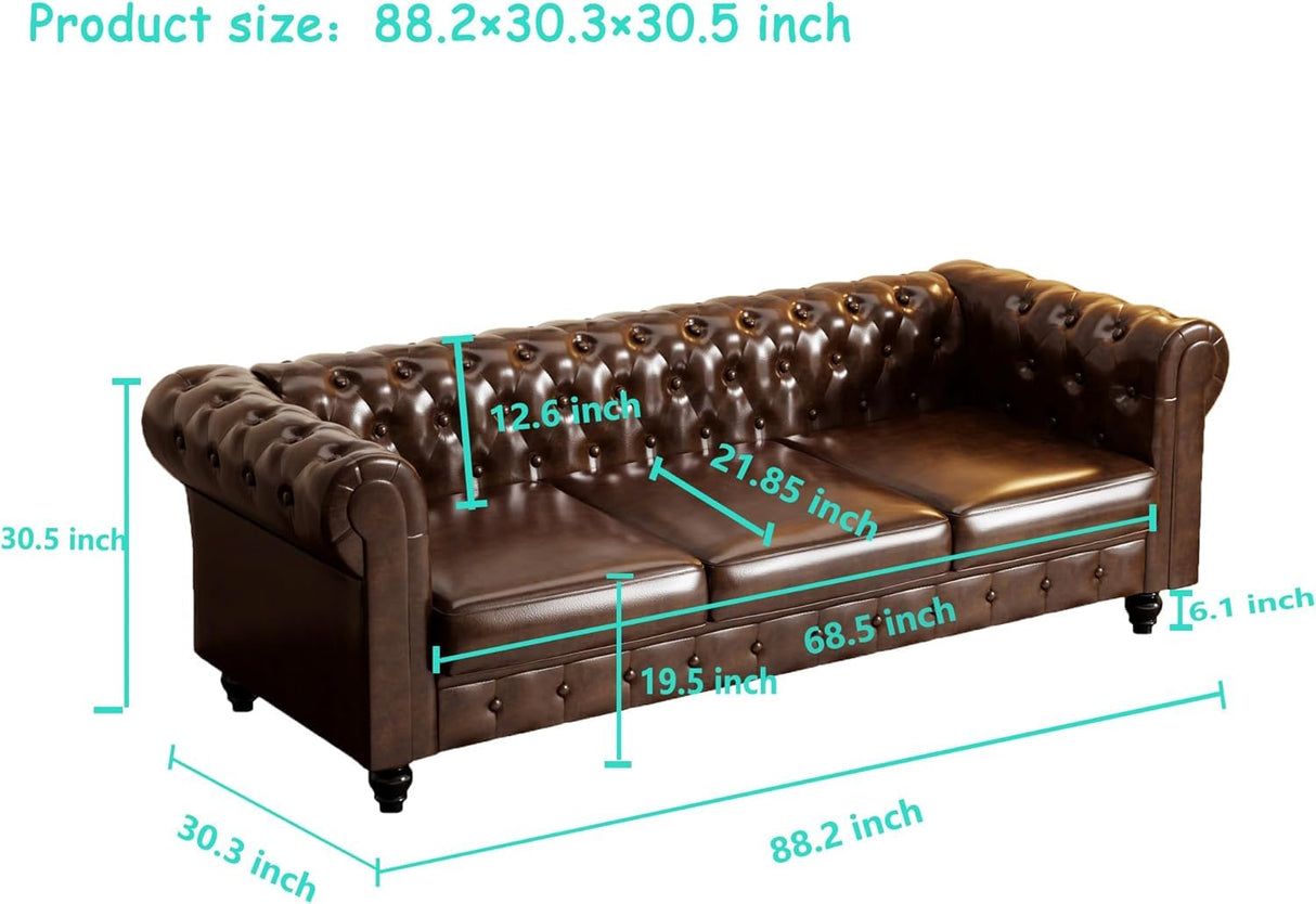 ReyTinn Modern Chesterfield Button-Tufted Couch, 88" Brown PU Leather 3 Seater Sofa, Home Luxury Upholstered Sofa Deep Seat Couch for Living Room Apartment Home Office ReyTinn
