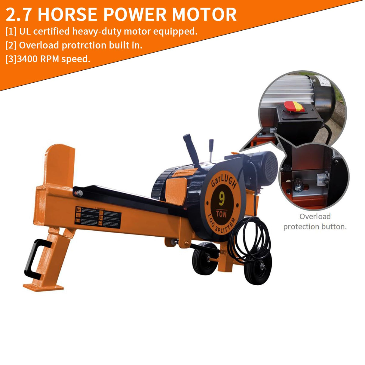GarLUGH Log Splitter 9 Ton Household Electric Powered 2.7HP Horizontal Movable Fast Automatic Return Firewood Splitting Machine for Toughest Wood. GarLUGH