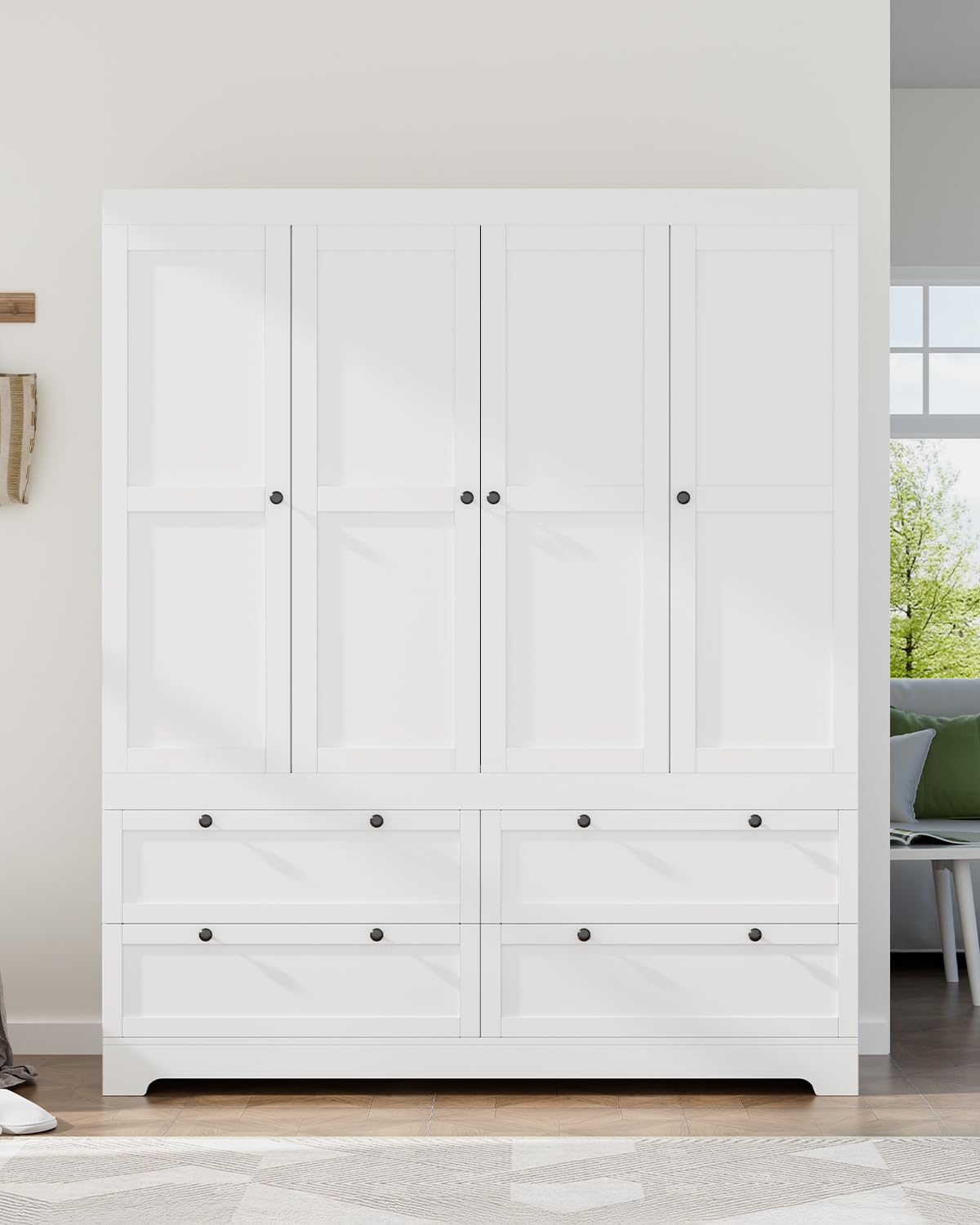 PLANNTONNEO Large White Wardrobe Closet with Drawers, Modular Closet System with Doors and Hanging Rods, Tall Large Armoire Ample Storage, Big Bedroom Armoires (4 Doors+4 Drawers) PLANNTONNEO