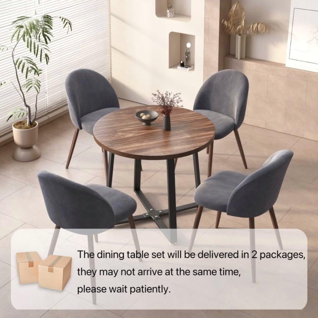 INO Design 5-Pieces Modern 35'' Inch Round Wooden Dining Table Set for 4 Comfortable Velvet Chairs, Space Saving Kitchen Furniture, Small Apartment Coffee Table Set (Grey) INO Design