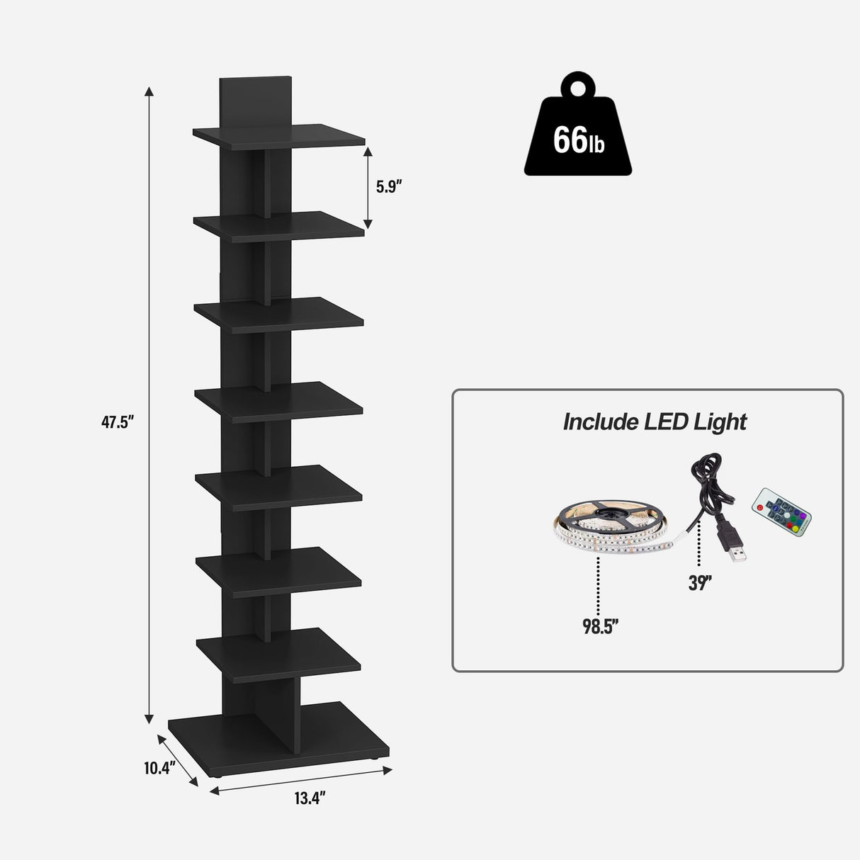 TUTOTAK Narrow Bookshelf, 8-Tier Bookcase with LED Lights, Spine Book Shelf for Small Space, Corner Standing Shelf for Living Room, Office, Study, Entryway, Black BS06BK008L TUTOTAK