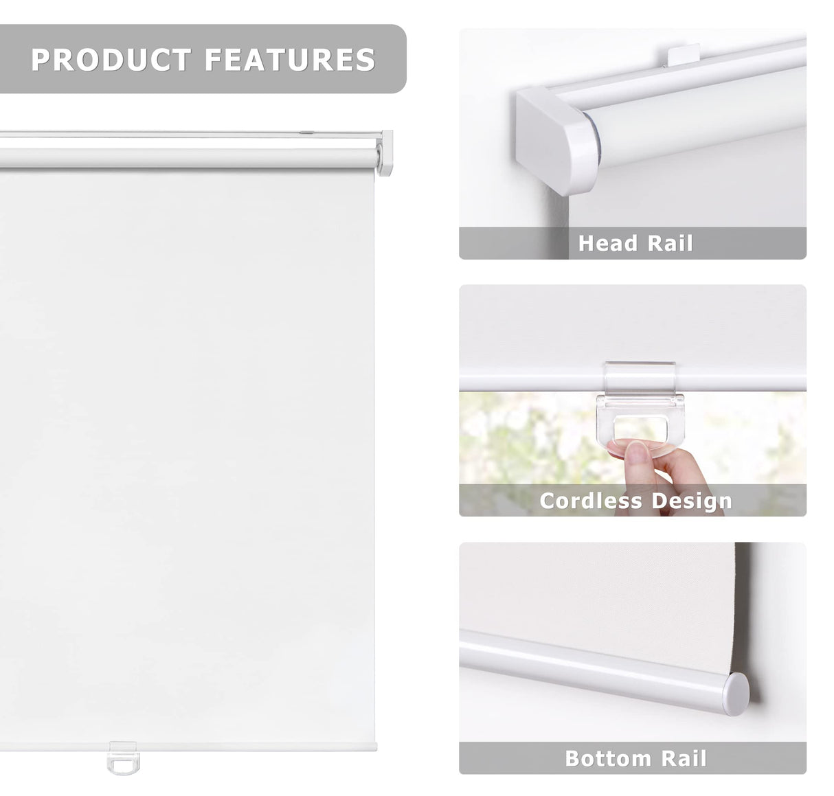 LazBlinds No Tools No Drill Cordless Roller Shades, 100% Blackout Roller Blinds for Windows, Thermal Insulated UV Protection Waterproof Roll Up Window Blinds and Shades, 20'' W x 72'' H, White LazBlinds