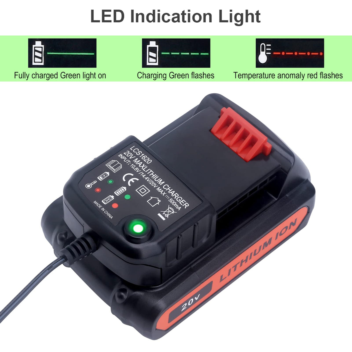 Lasica Replacement for Black and Decker 20V Lithium Battery Charger LCS1620B Compatible with Black & Decker 20 Volt Max Lithium Battery LBXR20 LBXR2020-OPE LB2X3020 LB2X4020 LBX4020 90590282 BDCAC202B Lasica