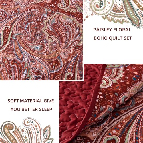 DJY Red Paisley Quilt Set California King Boho Bedspread 3 Pieces, Soft Lightweight Microfiber Coverlet Set Paisley Floral Pattern Bedding for All Season, 112"x96" DJY