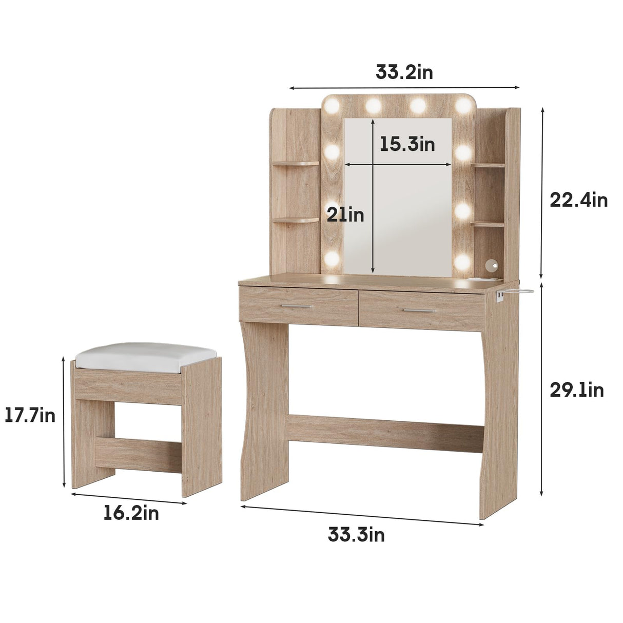 Vabches Vanity Desk with Mirror and Lights,Makeup Vanity Table with Charging Station,2 Drawer Bedroom Dressing Table with 3 Colors Modes Dimming & Cushioned Stool,Natural Oak Vabches