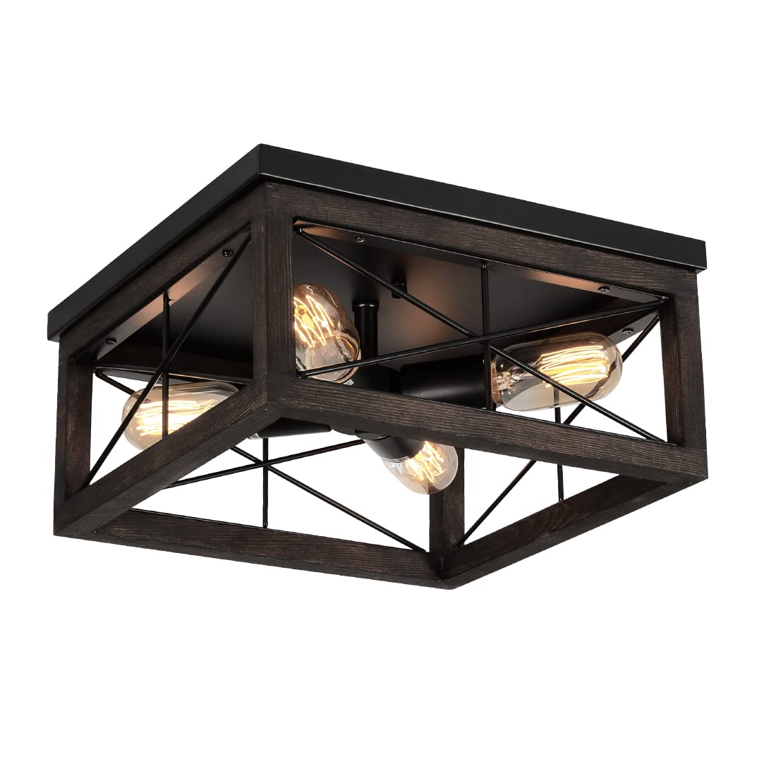 eyassi Wooden Flush Mount Ceiling Light, 4-Light Rustic Farmhouse Light Fixtures, Industrial Square Ceiling Light Fixture with E26 Socket for Kitchen Entryway Living Room Dining Room Bedroom eyassi