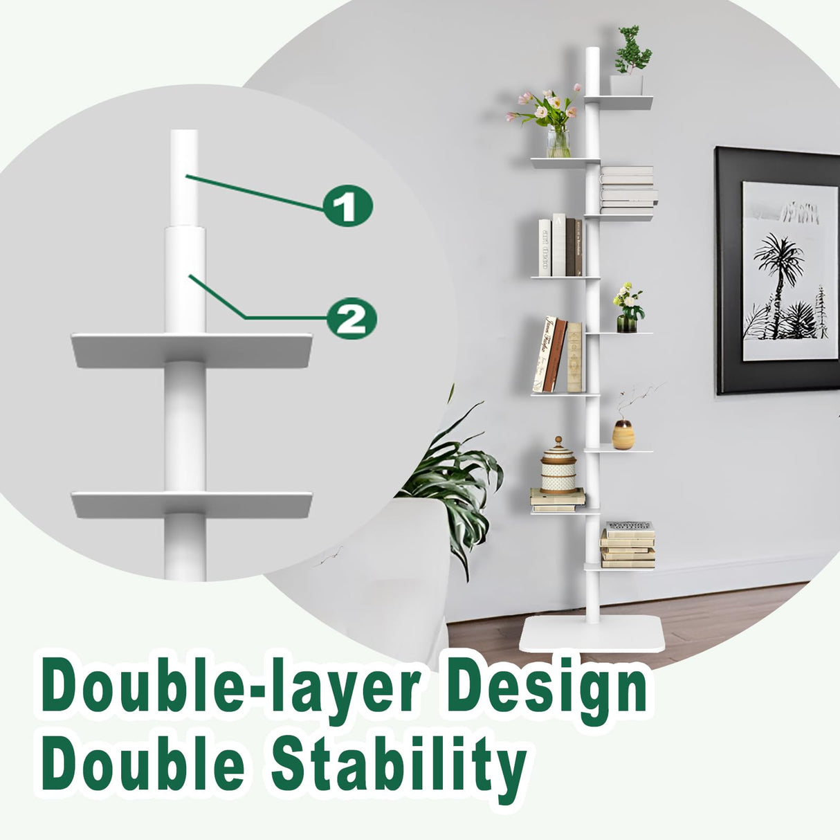 LXSEHN 9 Tier Metal Spine Bookshelf Tower, Adjustable Vertical Spine Book Tower Floor, Metal Vertical Bookshelf for Study Room,Living Room,Office,Bedroom (White) LXSEHN