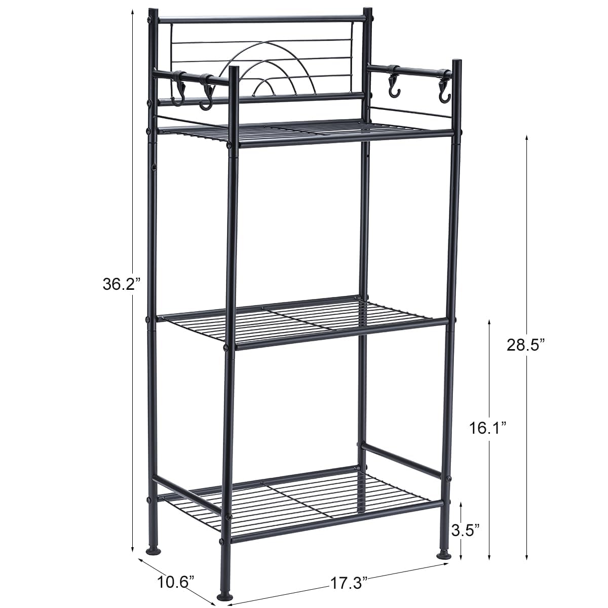 L&H UNICO 3-Tier Free Standing Wire Rack Durable Metal Shelving Storage Unit with Adjustable Feet 4-Hook for Bathroom Laundry Kitchen Office, Black L&H UNICO