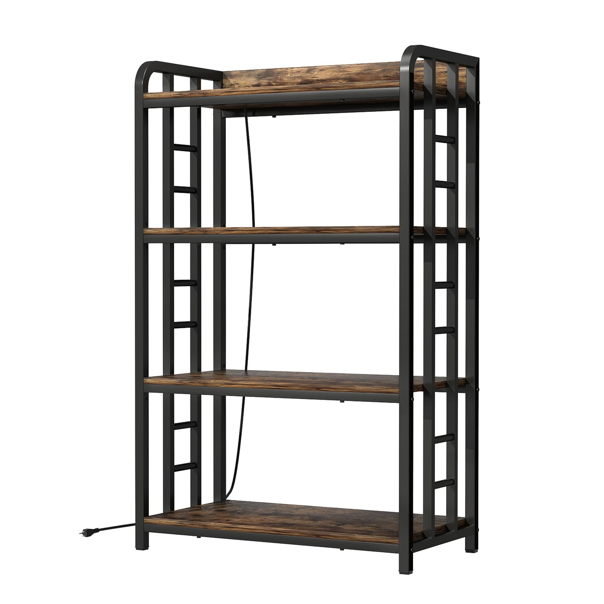 TIFFLOI 4-Tier Rustic Brown Bakers Rack, Black Frame, Top Power Outlet, 70lbs/Shelf, 2 Adjustable Shelves, Small Kitchen & Coffee Bar TIFFLOI