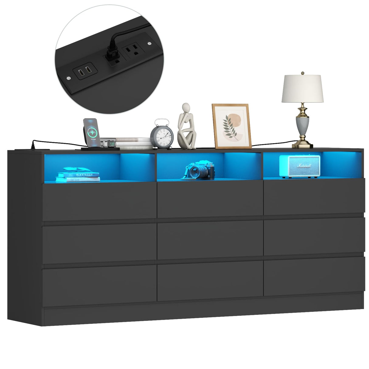 Gyfimoie 9 Drawer Double Dresser with Power Outlet, Accent Chests of Drawers with LED Light, Modern White Storage Dresser with Charging Station (Mirror Not Included) (9 Drawers-Black) Gyfimoie