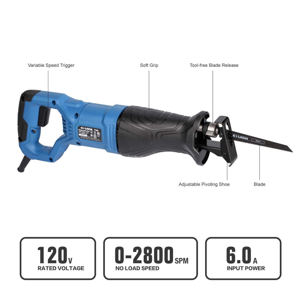 G LAXIA Reciprocating Saw, 6Amp 2800RPM Variable Speed Reciprocating Saw with 4/5"(20mm) Stroke Length, 3Pcs Blades for Wood, Soft Metal, PVC Pipe Cutting G LAXIA