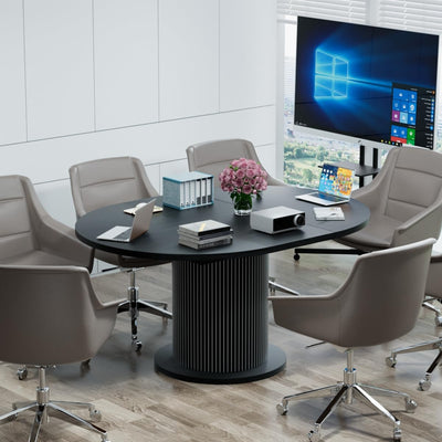 43.3 inch 59 inch Adjustable Size Round Conference Table for 4-6 People, Unique Design Modern Meeting Room Table, with Wood Strip Base (Black)