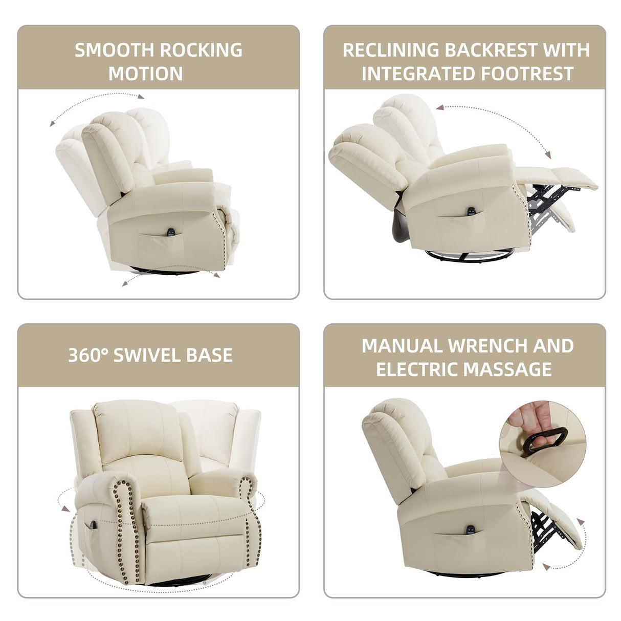PELUMY Breathable Leather Recliner Chair with Heat Massage, 360° Swivel Rocking Recliner, Manual Glider Chair with Vibrating Massage for Living Room, Nursery (Beige) PELUMY