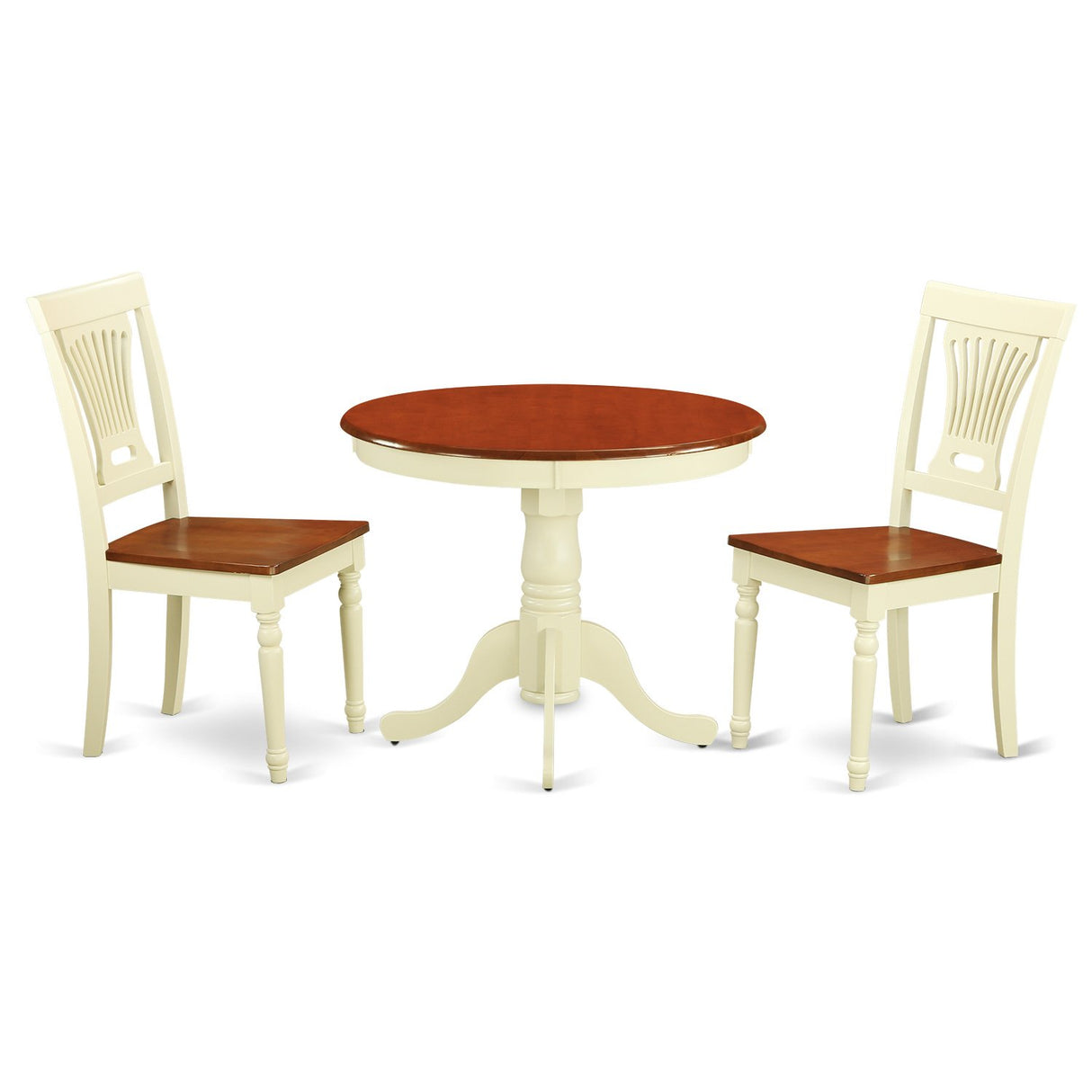 East West Furniture Antique 3 Piece Set Contains a Round Dining Room Table with Pedestal and 2 Wood Seat Chairs, 36x36 Inch, Buttermilk & Cherry East West Furniture