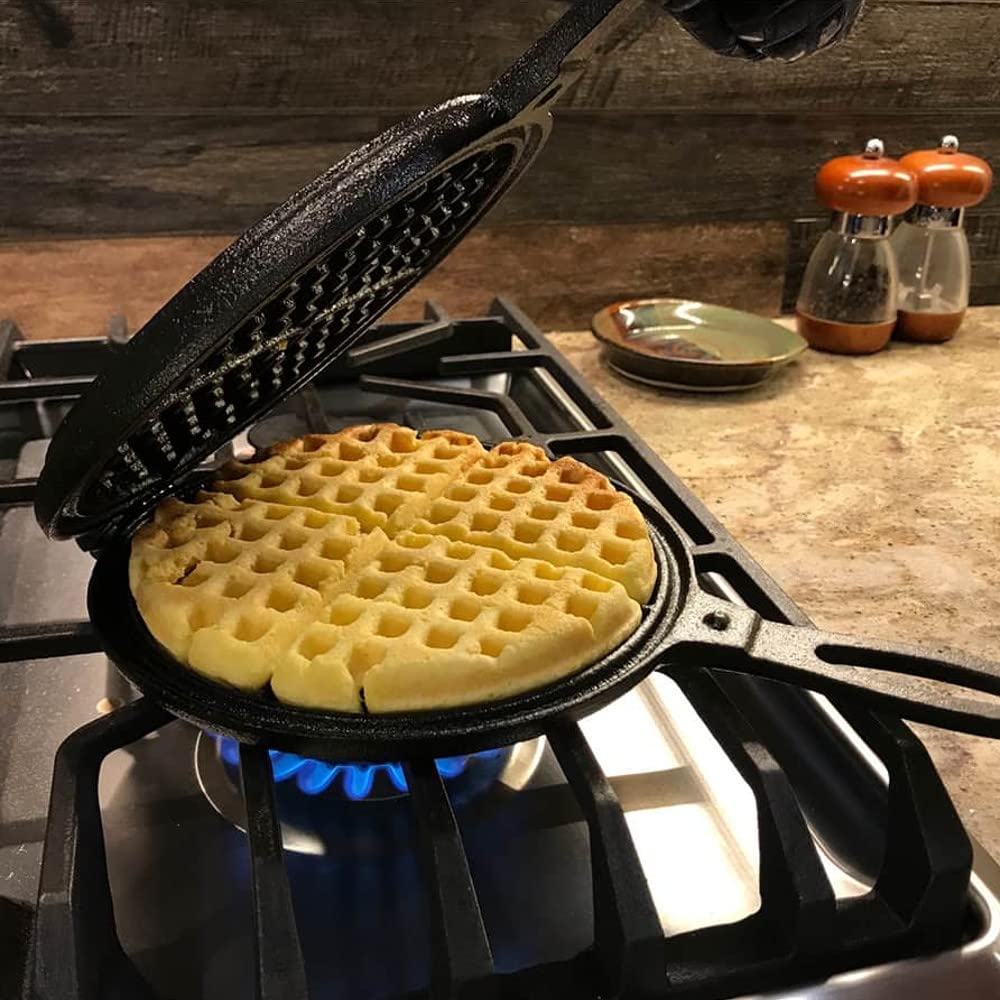 Lehman's Cast Iron Waffle Maker, Two Piece Hinged Non-Electric Waffle Iron for Stovetop or Grill Makes 7" Round Waffles, Non-Drip Double Rim, 8 pounds Lehman's