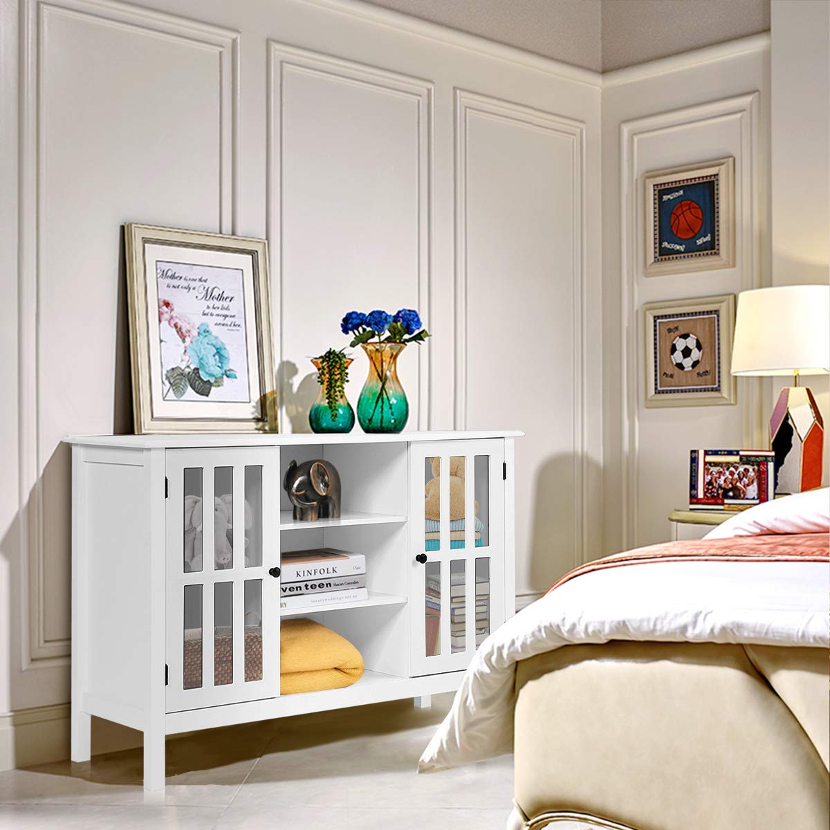 Tangkula White TV Stand, Modern Tall Entertainment Center for TVs up to 50", Media Console w/2 Storage Cabinets & 3 Open Shelves, Wire Hole, Wood TV Console Table for Living Room, White Tangkula