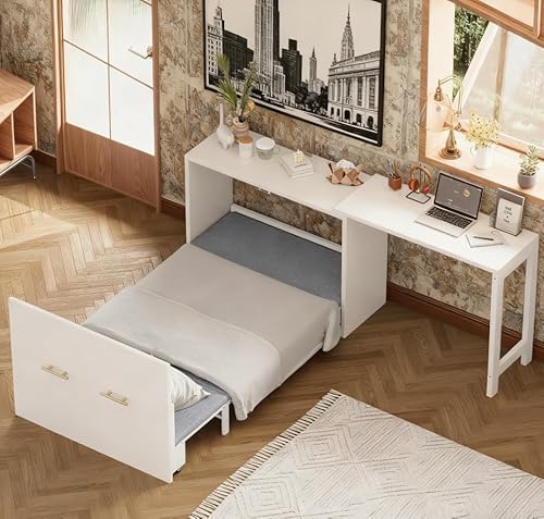 Bellemave Twin Size Murphy Bed, Cabinet Bed with Desk, Farmhouse Murphy Cabinet with Desk, Noisy Free, for Guest Bedroom, Living Room, Office, White Bellemave