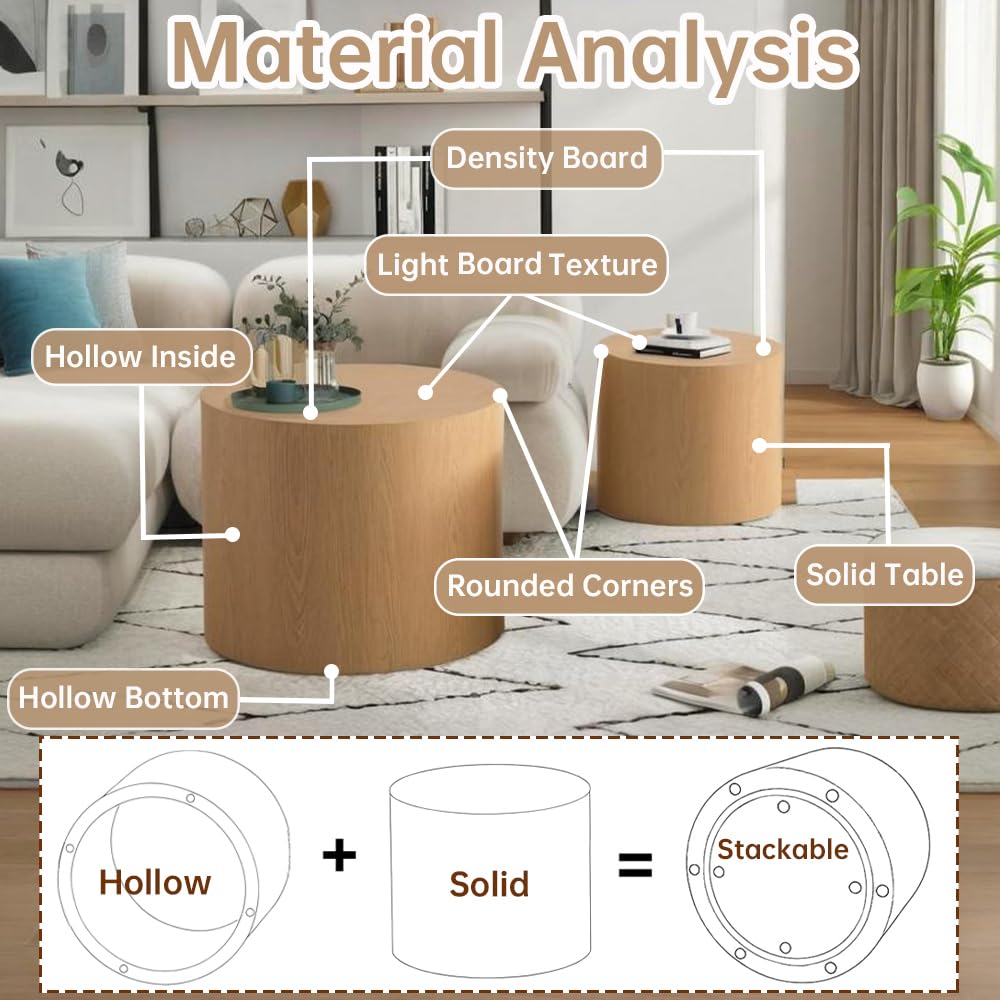 Round Nesting Coffee Table Set of 2 Modern Small Round Coffee Table Round End Table Small Side Table Circle Coffee Table Circular Nested Coffee Table for Living Room (Light Wood) YYZIWYUN