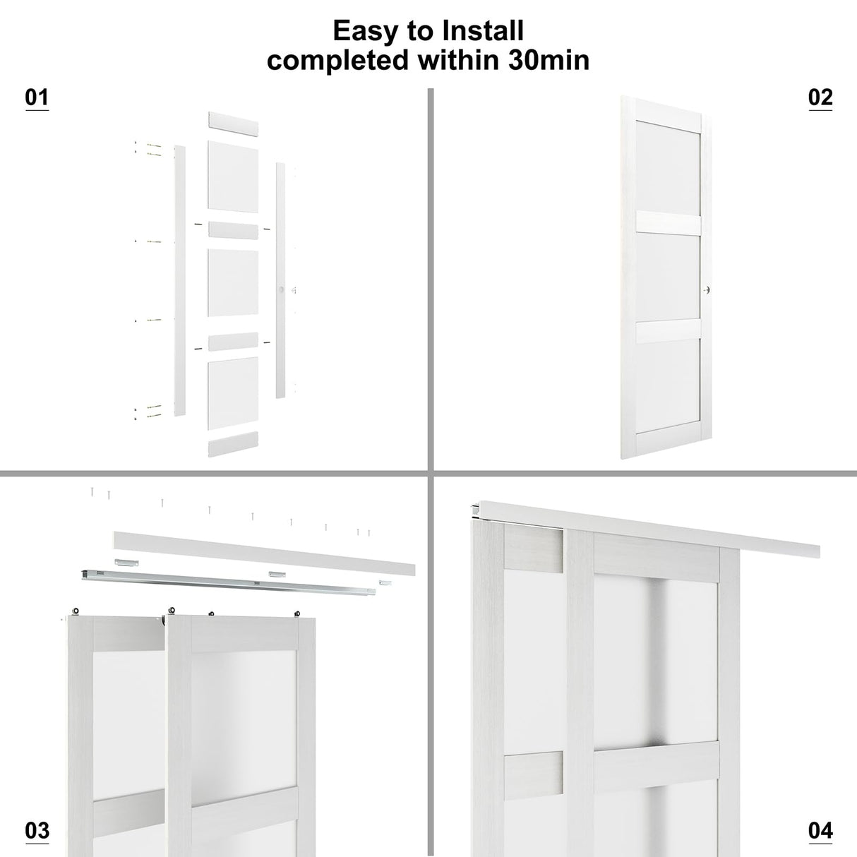 JUBEST Sliding Closet Door 48"(Double 24.5")x80", 3-Lite Frosted Glass Bypass Door with Hardware Kit & Matching Fascia, Pre-Drilled Solid Wood Slab with Water-Proof PVC Surface, Easy to Install, White JUBEST