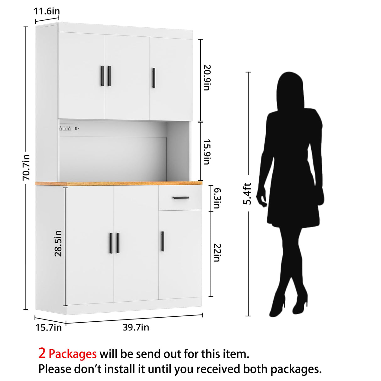 DIYART White Kitchen Pantry Cabinet, 71" Tall Kitchen Storage Cabinet with Power Outlet, Freestanding Kitchen Hutch with countertop DIYART