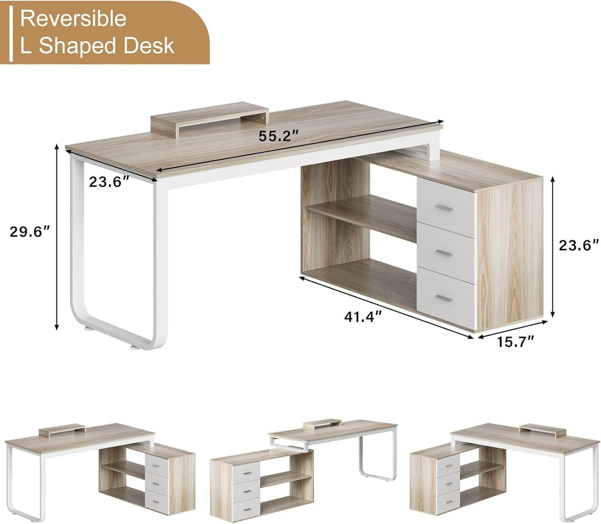 MaverickFurni 55 Inch Long Desk with Storage Shelfs, L Shaped Computer Desk Corner Home Office Desk with Removable Monitor Stand, Study Desk for Kids (Walnut) MaverickFurni