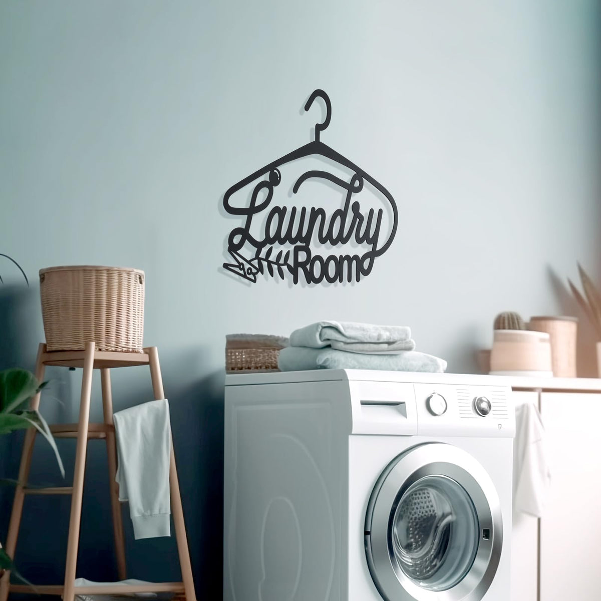 Bnesi Laundry Black Decor Sign, Farmhouse Metal Wall Art Decoration, Rustic and Elegant Laundry Room Hanging Decor, Optional Size, Black Rack Shape (Medium) Bnesi