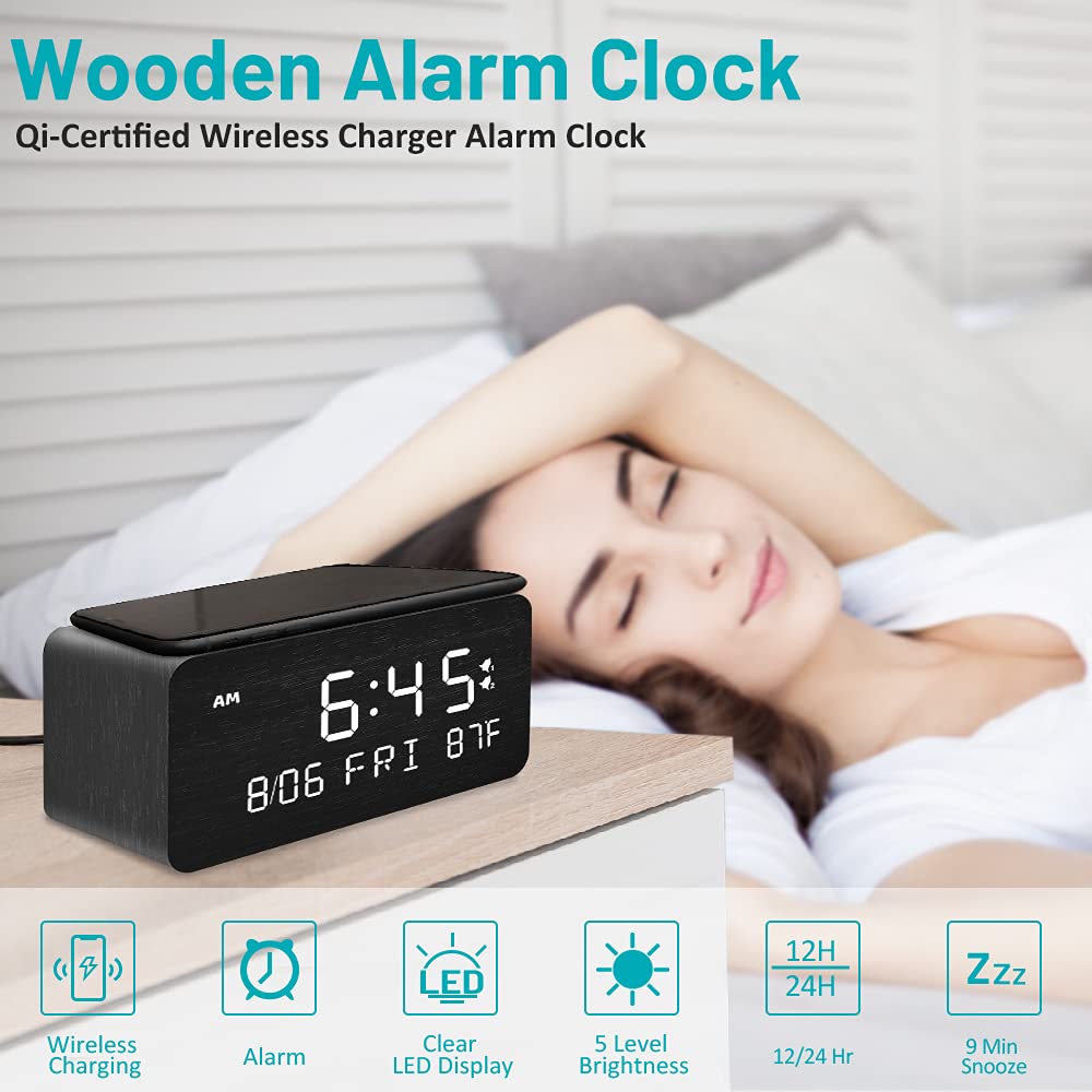 Andoolex Wooden Digital Alarm Clock with Wireless Charging, 0-100% Adjustable Brightness Dimmer and Alarm Volume, Weekday/Weekend Mode, Dual Alarm, Snooze, 12/24H, Wood LED Clock for Bedroom (Black) Andoolex