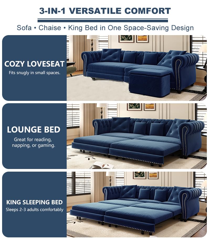 LuxyHoom 89" King Pull Out Sofa Bed, Velvet Chesterfield Sleeper Sofa Couch, 3 in 1 Convertible Tufted Futon Couches with Ottoman for Living Room, Small Space, Apartment, Office, Bedroom, Blue LuxyHoom