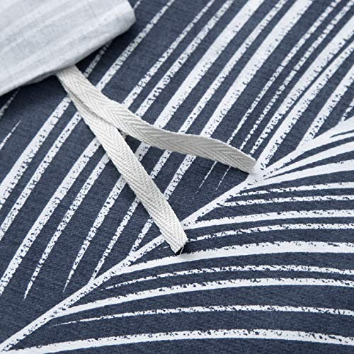 SUSYBAO Plant Patterned Duvet Cover Queen 100% Cotton 3 Pieces Set 1 Hawaiian Tropical Botanical Duvet Cover with Zipper Ties 2 Pillowcases Farmhouse Navy Blue Palm Leaves Print Bedding Set Soft SUSYBAO