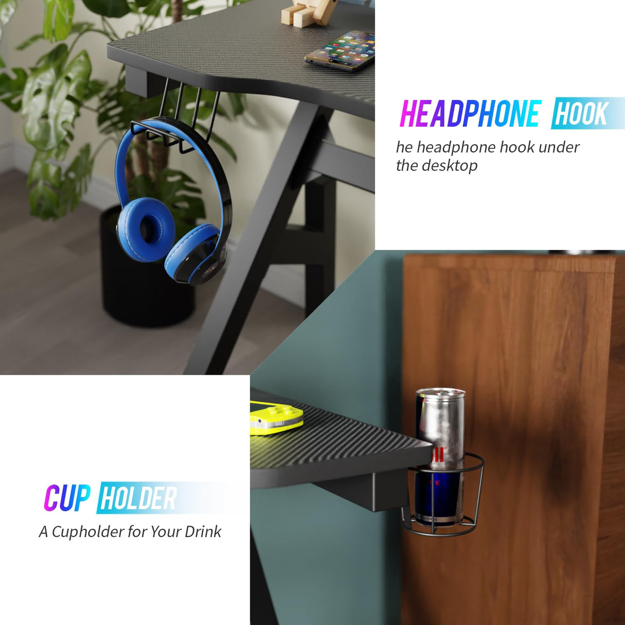 PayLessHere 47 Inch Gaming Desk PC Carbon Fiber Table Ultimate Gamer Workstation with Cup Holder & Headphone Hook for Home Office,Blue (Blue) PayLessHere