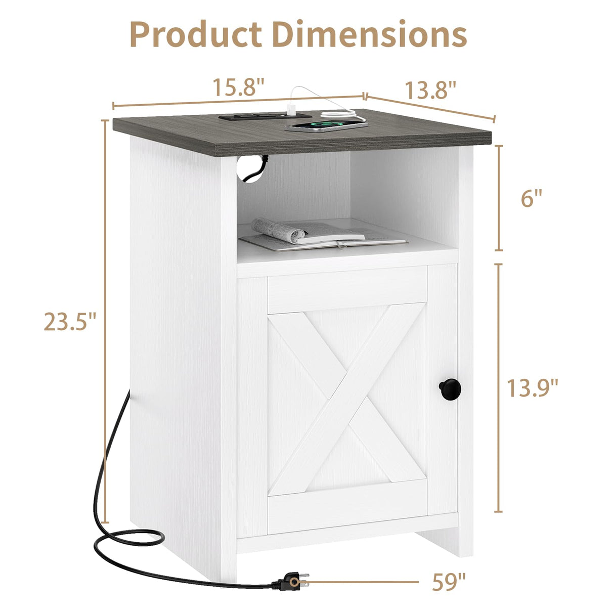 AURINEST Farmhouse Night Stand Set of 2 with Charging Station, End Tables with USB Ports&Power Outlets, Rustic Bed Side Table with Barn Door and Shelf for Living Room, Bedroom, Small Spaces, White AURINEST