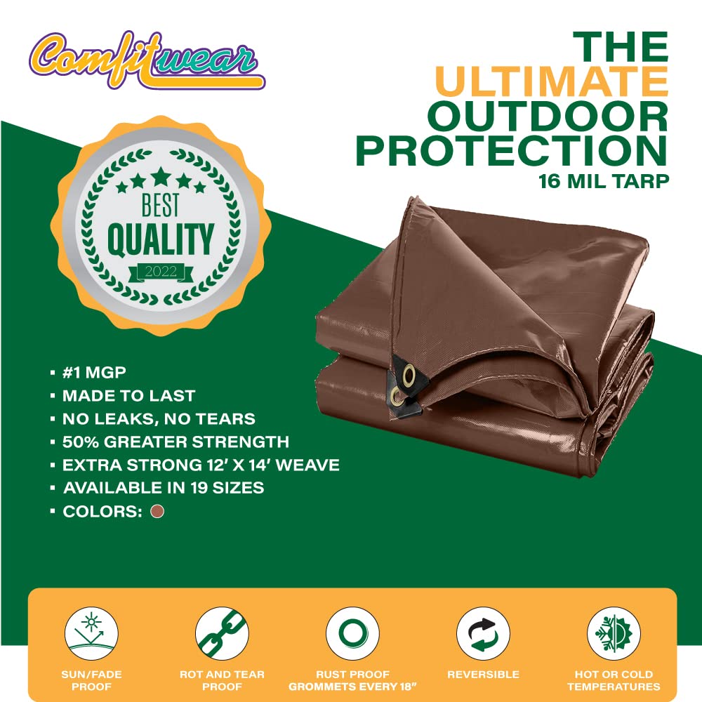 COMFITWEAR 16 MIL Heavy Duty Tarp Super Heavy Duty Tarp Cover 16 MIL Multi-Purpose Extra Heavy Duty Tarps Car Tarp Boat Tarp Camping Tarp General Purpose Waterproof Tarp Cover (20' X 40', Brown) COMFITWEAR