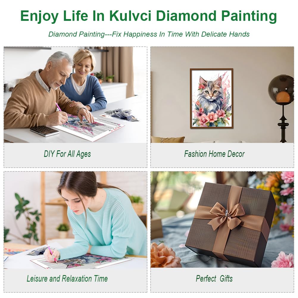 Kulvci Cat Diamond Painting Kits for Adults, Round Full Drill Diamond Art Kits, 5D DIY Diamonds Crafts for Home Wall Decoration Gifts 12×16Inch Kulvci