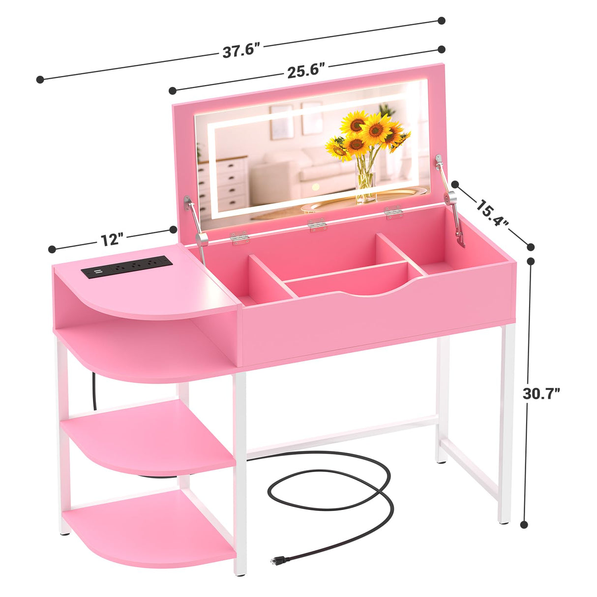 Cyclysio Vanity Desk with Flip Top Mirror and Lights, Makeup Vanity Desk with Drawers, Dressing Table with Storage Shelves & Charging Station, Small Vanity for Small Spaces, Pink Cyclysio