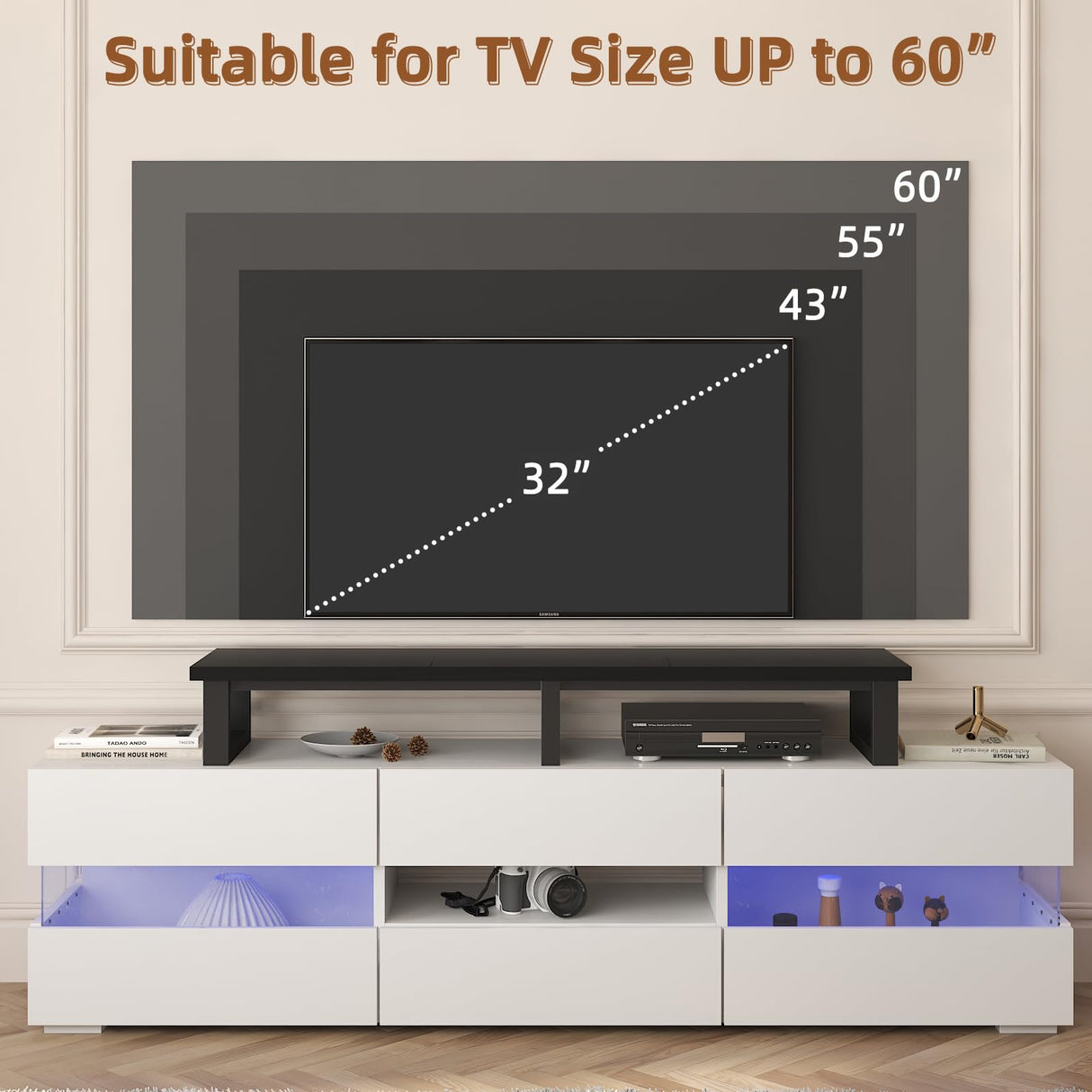 YAOHUOO 45" Large TV Riser for 32-60 inch TV, TV Riser Stand Shelf with Steel Legs, Tabletop TV Stand Riser for Home Office,Black YAOHUOO