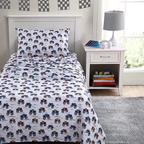 Poppy & Fritz Kids, Full Sheet Set, Stain Resistant Kids Bedding, Soft & Cozy Toddler Bedding Set (Trucks Grey, Full) Poppy & Fritz