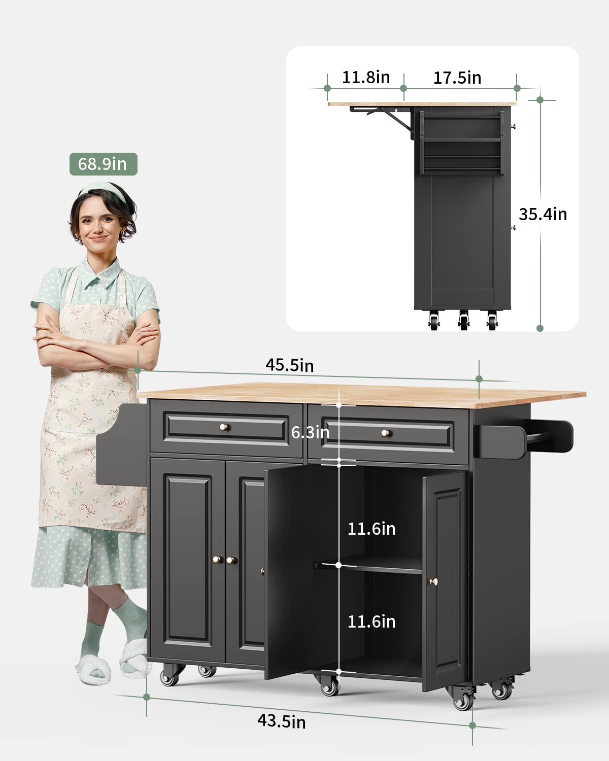 Qsun Kitchen Island with Storage, Kitchen Cart on 5 Universal Wheels, Mobile Kitchen Island with Rubber Wood Top and Side Rack (Black) Qsun