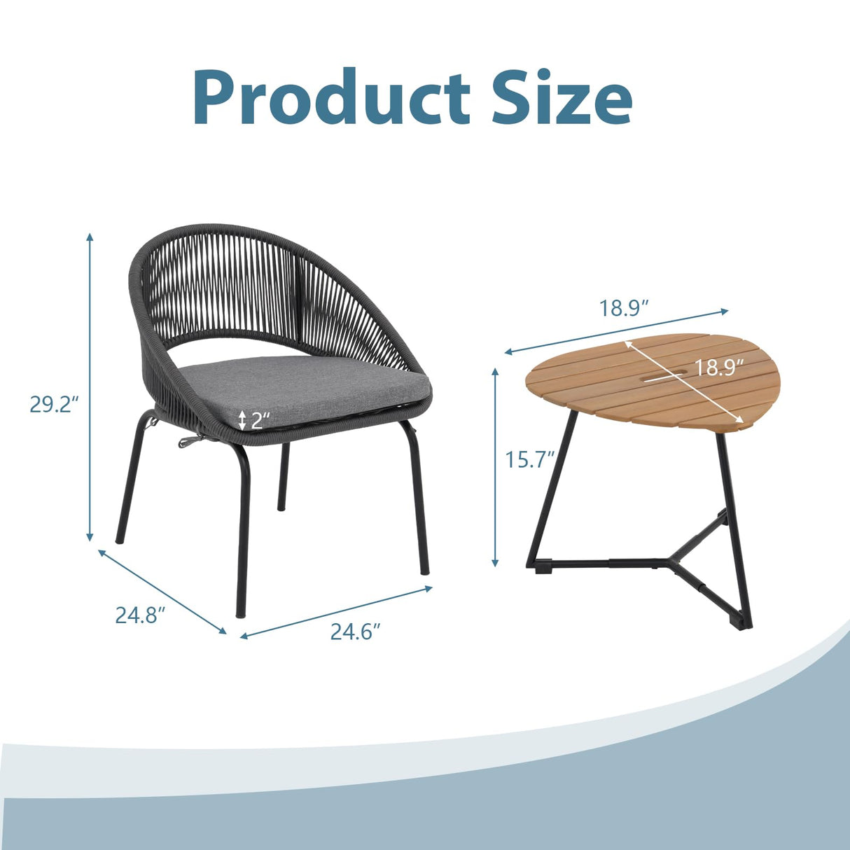 Yangming Patio Furniture Set, 3 Piece Outdoor Bistro Chair Conversation Sets Woven Rope with Wood Coffee Table for Yard Backyard Lawn Garden Porch Backyard Deck Poolside Balcony Yangming