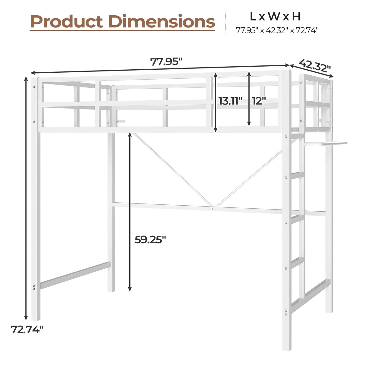 DICTAC Loft Bed Twin Size with Led Lights Heavy Duty Metal Junior Twin Loft Bed Frame with Full-Length Guardrail and Ladder, Noise-Free, Space-Saving, No Box Spring Needed, White DICTAC