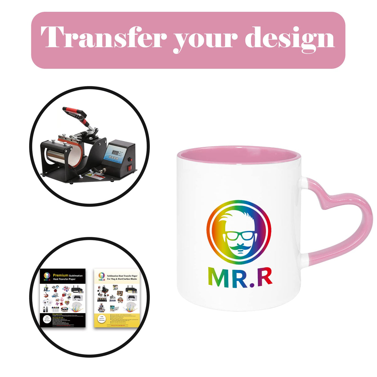 MR.R 11oz Sublimation Blank Coffee Mugs,Cup Blank White Mug Cup with Pink Color Mug Inner and Heart Handle,Set of 2 MR.R