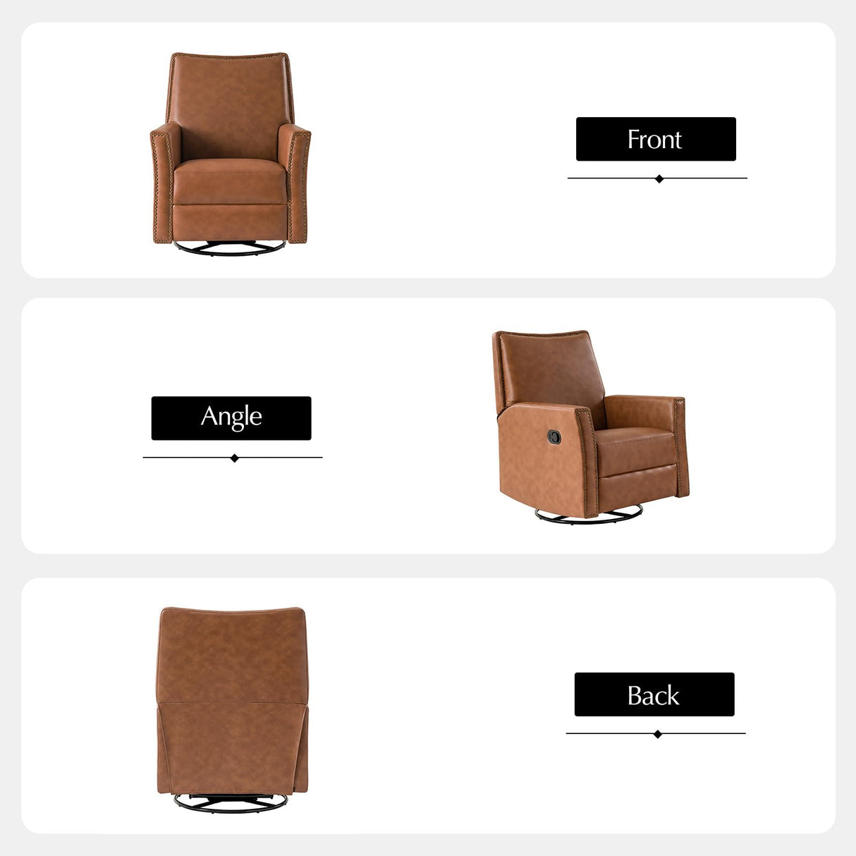 HULALA HOME Swivel Rocker Recliner Chair, Small Leather Recliners for Small Spaces, Glider Rocker Recliner with Faux Leather Upholstery, Push Back Reclining Chair for Living Room, Saddle HULALA HOME